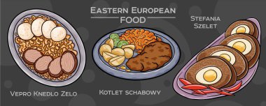 Popüler Doğu Avrupa Geleneksel Gıda Seti. Koyu arkaplanda elle çizilmiş vektör çizimi