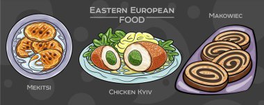 Popüler Doğu Avrupa Geleneksel Gıda Seti. Koyu arkaplanda elle çizilmiş vektör çizimi