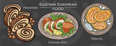 Popüler Doğu Avrupa Geleneksel Gıda Seti. Koyu arkaplanda elle çizilmiş vektör çizimi
