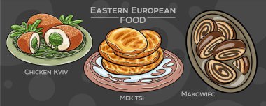 Popüler Doğu Avrupa Geleneksel Gıda Seti. Koyu arkaplanda elle çizilmiş vektör çizimi