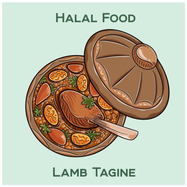 Lamb Tagine. Otantik Fas helal kuzu gübresi aromatik baharatlarla yavaş pişirilmiş taze et, kurutulmuş meyve ve sebzeler geleneksel kilden bir çömlekte..