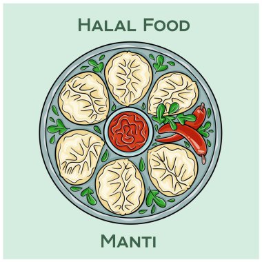 Manti. Halal Mandy: Baharatlı helal etle dolu geleneksel Orta Asya hamur köfteleri..