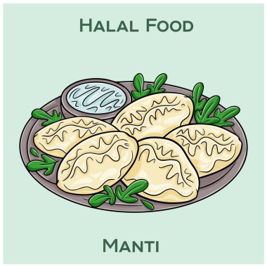 Manti. Halal Mandy: Baharatlı helal etle dolu geleneksel Orta Asya hamur köfteleri..