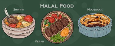 Popüler Halal Mutfak Seti. Koyu arkaplanda elle çizilmiş vektör çizimi.