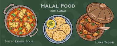 Popüler Halal Mutfak Seti. Koyu arkaplanda elle çizilmiş vektör çizimi.