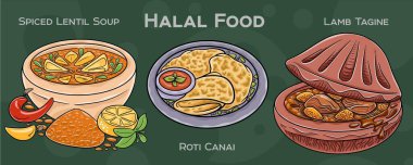 Popüler Halal Mutfak Seti. Koyu arkaplanda elle çizilmiş vektör çizimi.