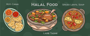 Popüler Halal Mutfak Seti. Koyu arkaplanda elle çizilmiş vektör çizimi.