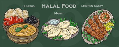 Popüler Halal Mutfak Seti. Koyu arkaplanda elle çizilmiş vektör çizimi.