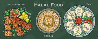 Popüler Halal Mutfak Seti. Koyu arkaplanda elle çizilmiş vektör çizimi.