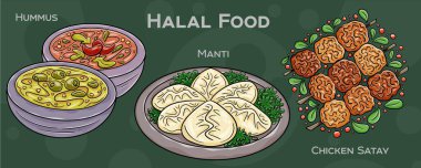 Popüler Halal Mutfak Seti. Koyu arkaplanda elle çizilmiş vektör çizimi.