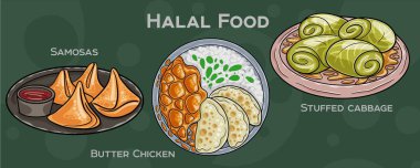 Popüler Halal Mutfak Seti. Koyu arkaplanda elle çizilmiş vektör çizimi.