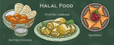 Popüler Halal Mutfak Seti. Koyu arkaplanda elle çizilmiş vektör çizimi.