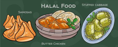 Popüler Halal Mutfak Seti. Koyu arkaplanda elle çizilmiş vektör çizimi.