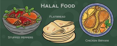 Popüler Halal Mutfak Seti. Koyu arkaplanda elle çizilmiş vektör çizimi.