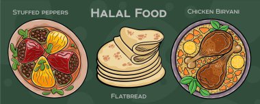 Popüler Halal Mutfak Seti. Koyu arkaplanda elle çizilmiş vektör çizimi.