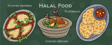 Popüler Halal Mutfak Seti. Koyu arkaplanda elle çizilmiş vektör çizimi.