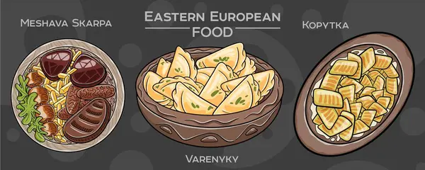 Bir dizi popüler Doğu Avrupa geleneksel yiyeceği. Vektör illüstrasyonu, elle çizilmiş ve koyu bir arkaplanda sunulmuştur