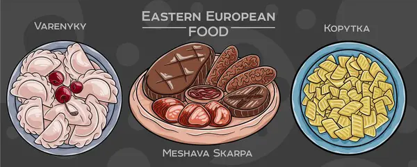 Bir dizi popüler Doğu Avrupa geleneksel yiyeceği. Vektör illüstrasyonu, elle çizilmiş ve koyu bir arkaplanda sunulmuştur