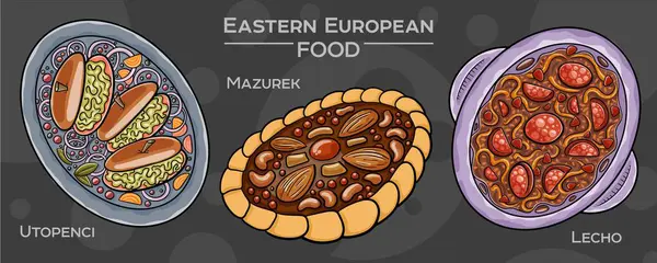 Popüler bir Doğu Avrupa geleneksel yiyecek setinin elle çizilmiş bir tasviri, koyu bir arka planda gösterilmiştir
