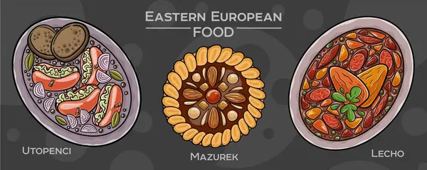 Popüler bir Doğu Avrupa geleneksel yiyecek setinin elle çizilmiş bir tasviri, koyu bir arka planda gösterilmiştir