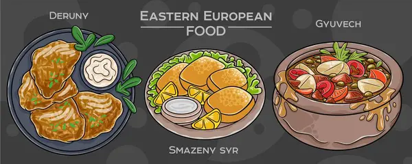 Popüler bir Doğu Avrupa geleneksel yiyecek setinin elle çizilmiş bir tasviri, koyu bir arka planda gösterilmiştir