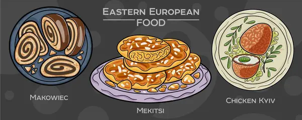 Popüler Doğu Avrupa Geleneksel Gıda Seti. Koyu arkaplanda elle çizilmiş vektör çizimi