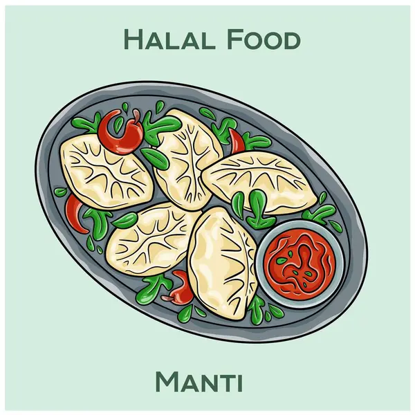 Manti. Halal Mandy: Baharatlı helal etle dolu geleneksel Orta Asya hamur köfteleri..