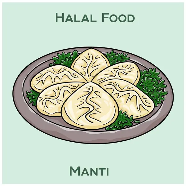 Manti. Halal Mandy: Baharatlı helal etle dolu geleneksel Orta Asya hamur köfteleri..