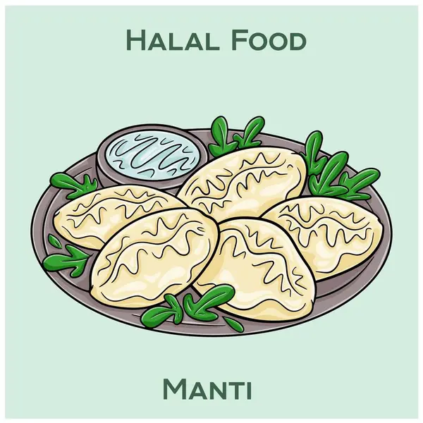Manti. Halal Mandy: Baharatlı helal etle dolu geleneksel Orta Asya hamur köfteleri..