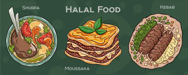 Popüler Halal Mutfak Seti. Koyu arkaplanda elle çizilmiş vektör çizimi.