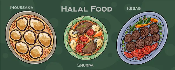 Popüler Halal Mutfak Seti. Koyu arkaplanda elle çizilmiş vektör çizimi.