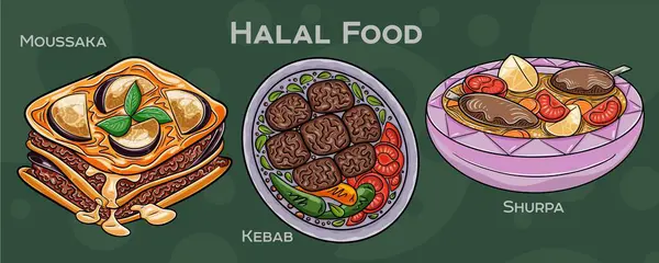 Popüler Halal Mutfak Seti. Koyu arkaplanda elle çizilmiş vektör çizimi.