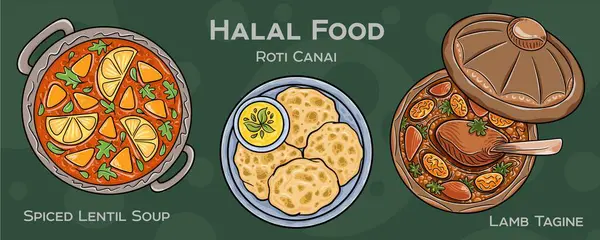 Popüler Halal Mutfak Seti. Koyu arkaplanda elle çizilmiş vektör çizimi.