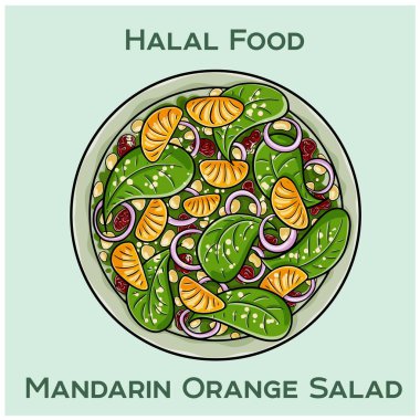 Portakal salatası, narenciye aromalı ve karışık sebzeli. Bu helal-dost yemeği tatlı portakallar, gevrek sebzeler ve lezzetli, sağlıklı bir yemek için keskin bir sosu birleştirir..