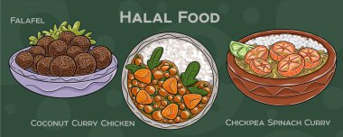 Popüler Halal Mutfak Seti. Koyu arkaplanda elle çizilmiş vektör çizimi.