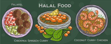 Popüler Halal Mutfak Seti. Koyu arkaplanda elle çizilmiş vektör çizimi.