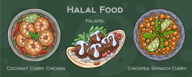 Popüler Halal Mutfak Seti. Koyu arkaplanda elle çizilmiş vektör çizimi.