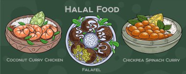 Popüler Halal Mutfak Seti. Koyu arkaplanda elle çizilmiş vektör çizimi.