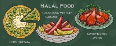 Popüler Halal Mutfak Seti. Koyu arkaplanda elle çizilmiş vektör çizimi.