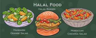 Popüler Halal Mutfak Seti. Koyu arkaplanda elle çizilmiş vektör çizimi.