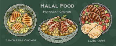 Popüler Halal Mutfak Seti. Koyu arkaplanda elle çizilmiş vektör çizimi.