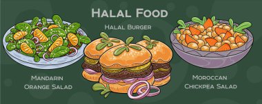 Popüler Halal Mutfak Seti. Koyu arkaplanda elle çizilmiş vektör çizimi.