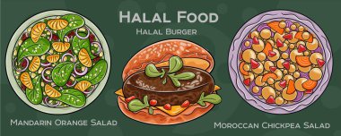 Popüler Halal Mutfak Seti. Koyu arkaplanda elle çizilmiş vektör çizimi.