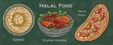 Popüler Halal Mutfak Seti. Koyu arkaplanda elle çizilmiş vektör çizimi.