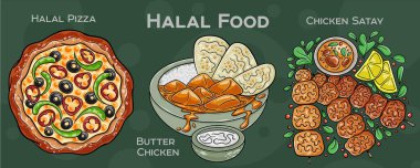 Popüler Halal Mutfak Seti. Koyu arkaplanda elle çizilmiş vektör çizimi.