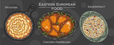Doğu Avrupa Mutfak Gelenekleri: Popüler gıdaların elle çizilmiş vektör çizimlerinin toplanması, karanlık bir zemine karşı hazırlanıyor