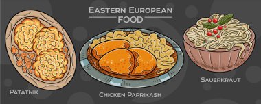 Doğu Avrupa Mutfak Gelenekleri: Popüler gıdaların elle çizilmiş vektör çizimlerinin toplanması, karanlık bir zemine karşı hazırlanıyor