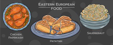Doğu Avrupa Mutfak Gelenekleri: Popüler gıdaların elle çizilmiş vektör çizimlerinin toplanması, karanlık bir zemine karşı hazırlanıyor