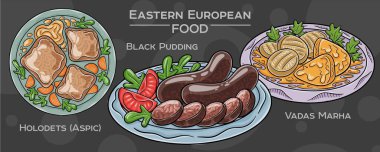 Bir dizi popüler Doğu Avrupa geleneksel yiyeceği. Vektör illüstrasyonu, elle çizilmiş ve koyu bir arkaplanda sunulmuştur.