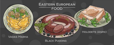 Bir dizi popüler Doğu Avrupa geleneksel yiyeceği. Vektör illüstrasyonu, elle çizilmiş ve koyu bir arkaplanda sunulmuştur.